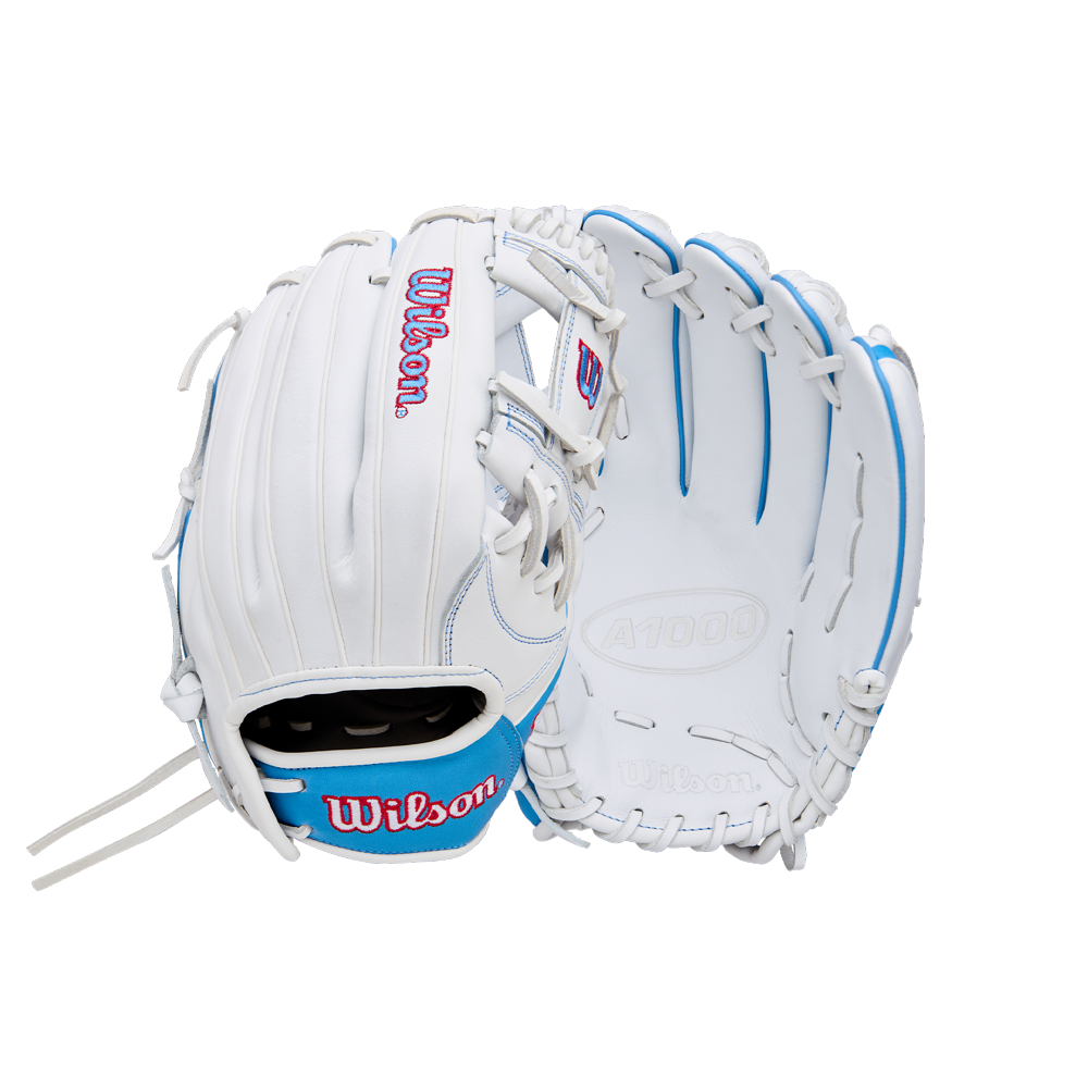 The Wilson A1000 H12 12" Fastpitch Glove (WBW10396912) by Wilson features a white design with blue accents, red logo, and white laces, displayed from both palm and back on a plain white background.