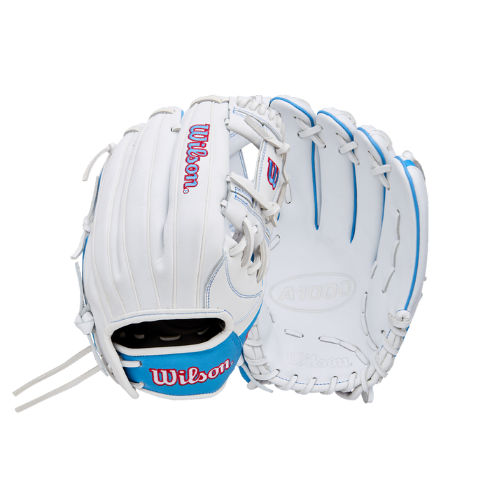 The Wilson A1000 H12 12" Fastpitch Glove (WBW10396912) by Wilson features a white design with blue accents, red logo, and white laces, displayed from both palm and back on a plain white background.
