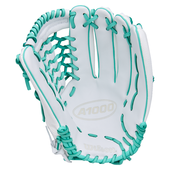 The Wilson A1000 T125 12.5" Fastpitch Glove (WBW103970125) by Wilson features white full grain leather with teal laces and accents, displayed open with the palm facing forward.