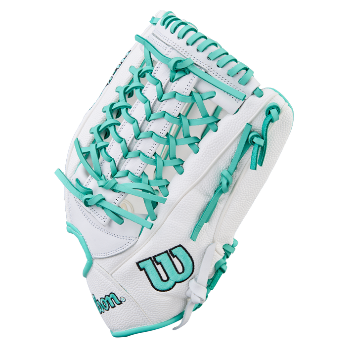 The Wilson A1000 T125 12.5" Fastpitch Glove features a white full grain leather build with teal laces and accents, plus the black and teal Wilson logo embroidered on the side, shown on a plain white background.