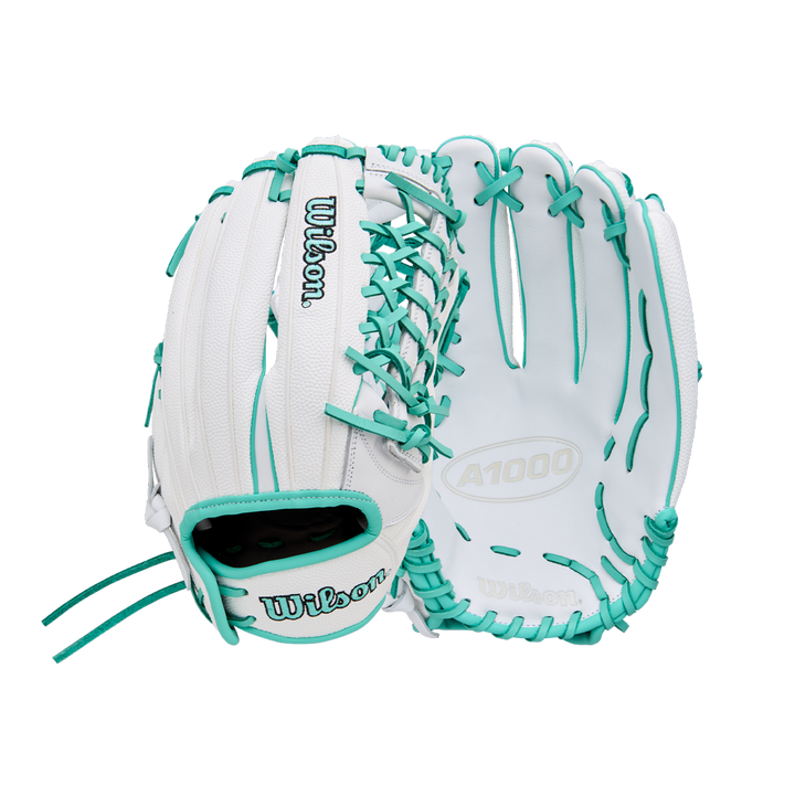 A Wilson A1000 T125 12.5" Fastpitch Glove (WBW103970125) by Wilson is displayed in white with teal lacing and accents, made from full-grain leather, showing both palm and back sides on a white background.