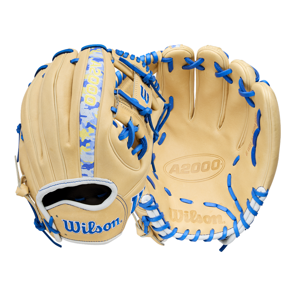 The Wilson A2000 BWJ7 11.75" Bobby Witt Jr. GM Baseball Glove (WBW1040681175) is beige Pro Stock leather with blue laces, blue camo wrist strap, and Wilson branding; inspired by Bobby Witt Jr., shown front and back.