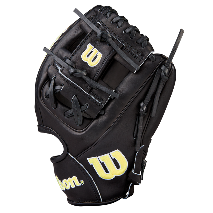 The Wilson A2000 1788 11.25" Baseball Glove (WBW1041051125) by Wilson is shown from the side, featuring black Pro Stock Leather, yellow W logos, white stitching, visible webbing, and laces.