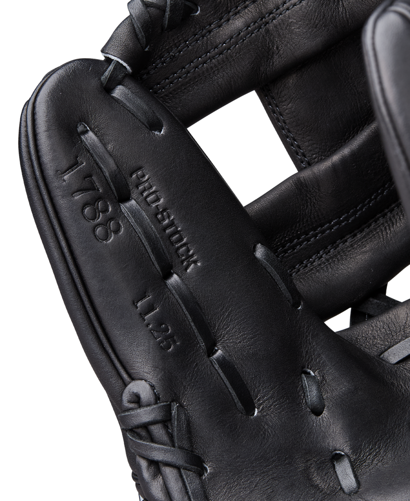Close-up of a Wilson A2000 1788 11.25" Baseball Glove, featuring embossed details and precise stitching, crafted from premium Pro Stock Leather.