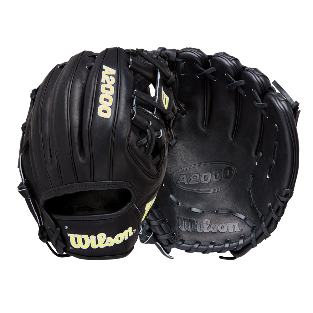 A pair of black Wilson A2000 1788 11.25" Baseball Gloves (WBW1041051125) is shown on a white background, one palm out and one back side visible, both crafted from Pro Stock Leather with yellow Wilson branding.