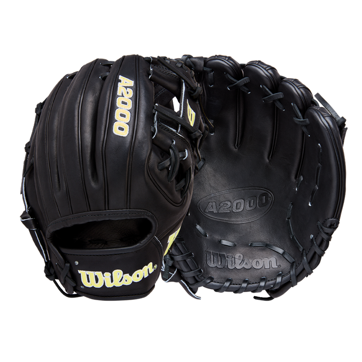 A pair of black Wilson A2000 1788 11.25" Baseball Gloves (WBW1041051125) is shown on a white background, one palm out and one back side visible, both crafted from Pro Stock Leather with yellow Wilson branding.