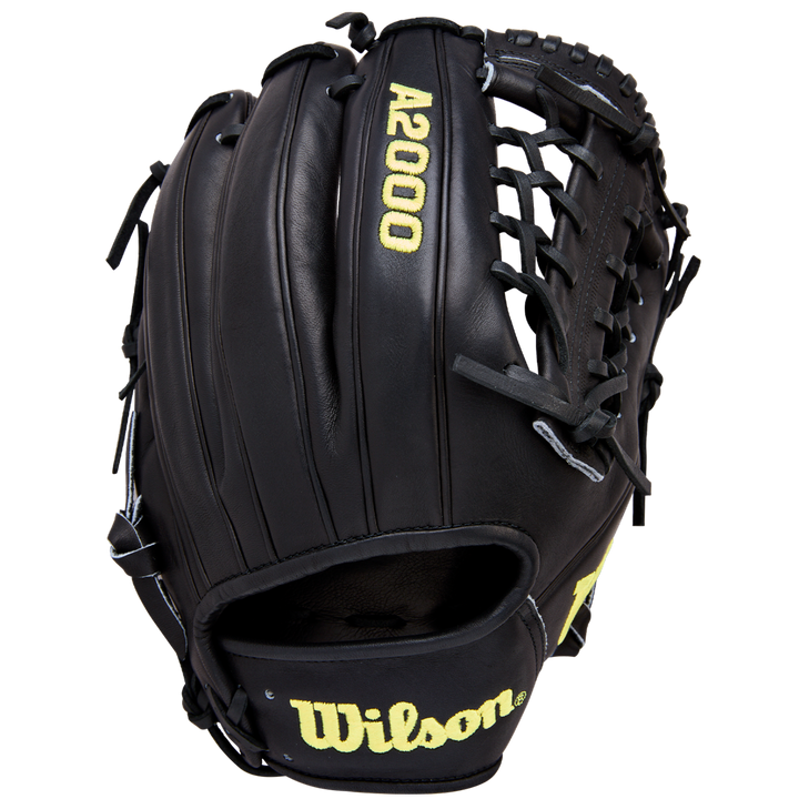 A black Wilson A2000 1789 11.5" Baseball Glove (WBW104106115) with yellow logo, detailed Pro Stock leather stitching, and visible laces is displayed upright on a plain white background.