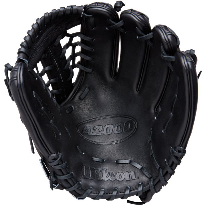 A black Wilson A2000 1789 11.5" baseball glove (WBW104106115) with visible stitching and lacing is photographed from above, showing the palm and webbing. The Wilson brand is embossed on premium Pro Stock leather.