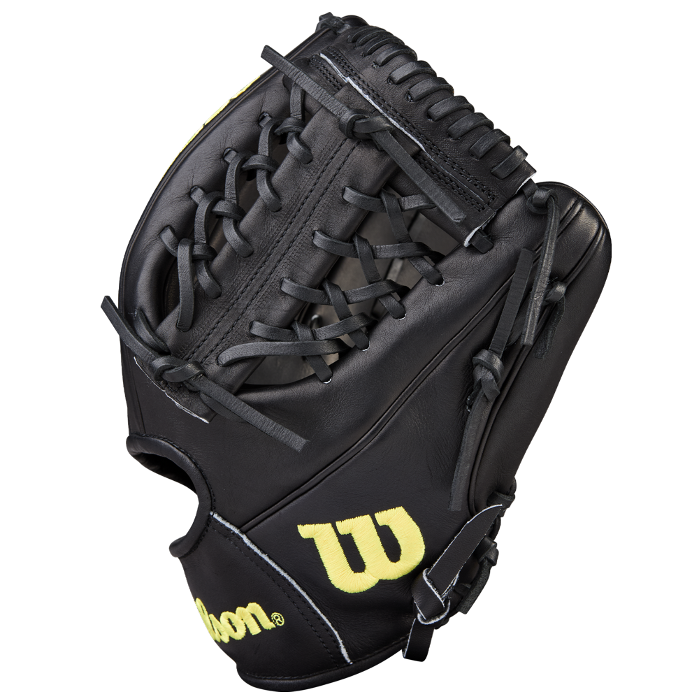 The black Wilson A2000 1789 11.5" Baseball Glove (WBW104106115) features yellow logos, Pro Stock leather laces, and an open web design, shown against a white background.
