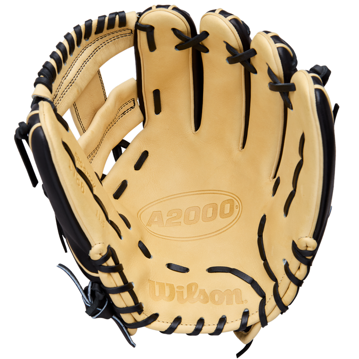 A Wilson A2000 1786 11.5" Baseball Glove (WBW104108115) in tan with black laces and H-Web construction is shown open, highlighting the inside palm area embossed with A2000 and Wilson in Pro Stock Leather.