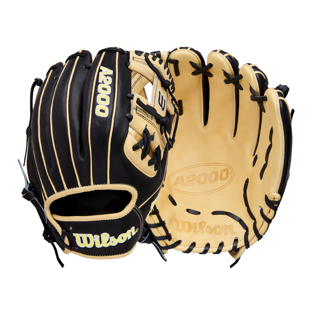 A Wilson A2000 1786 11.5" Baseball Glove by Wilson, shown in black and tan from front and back on a white background, features Pro Stock Leather, detailed lacing, a sturdy pocket, and stitched logos for durable infield performance.