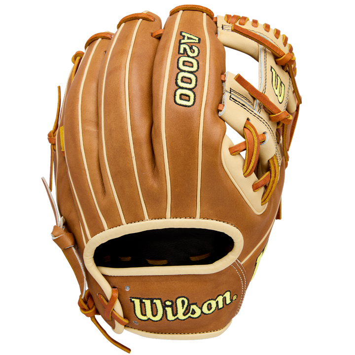 The Wilson A2000 1786 11.5" Baseball Glove (WBW104109115), made of brown Pro Stock Leather with tan accents and yellow stitching, is shown from the back with the Wilson brand and model displayed.