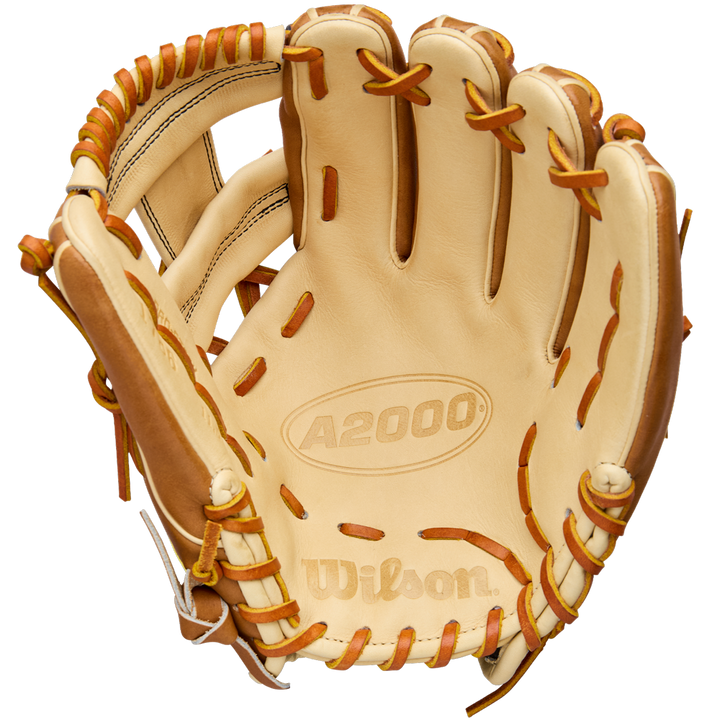 A Wilson A2000 1786 11.5" infield glove, crafted from Pro Stock Leather in tan and brown, is shown palm-side with visible stitching, laces, and an embossed Wilson logo inside.