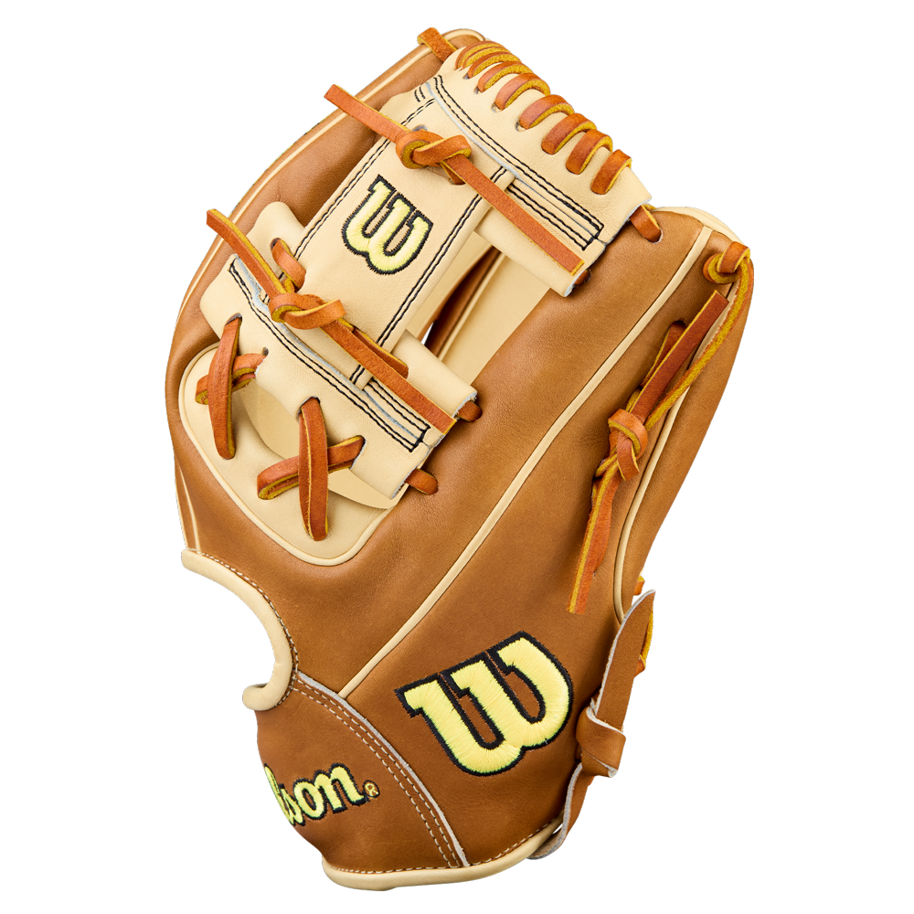 The Wilson A2000 1786 11.5" Baseball Glove (WBW104109115) by Wilson is shown in tan and cream with orange laces, yellow and green stitched W logo, and crafted from Pro Stock Leather against a white background.