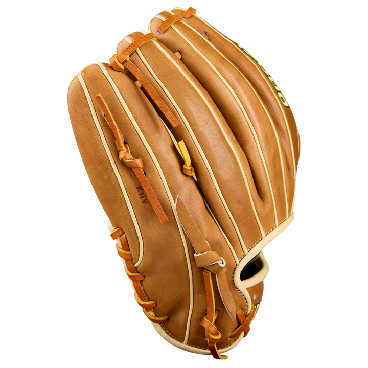 A Wilson A2000 1786 11.5" Baseball Glove (WBW104109115), crafted from Pro Stock Leather with orange laces and cream trim, is shown closed with the palm side hidden against a white background.