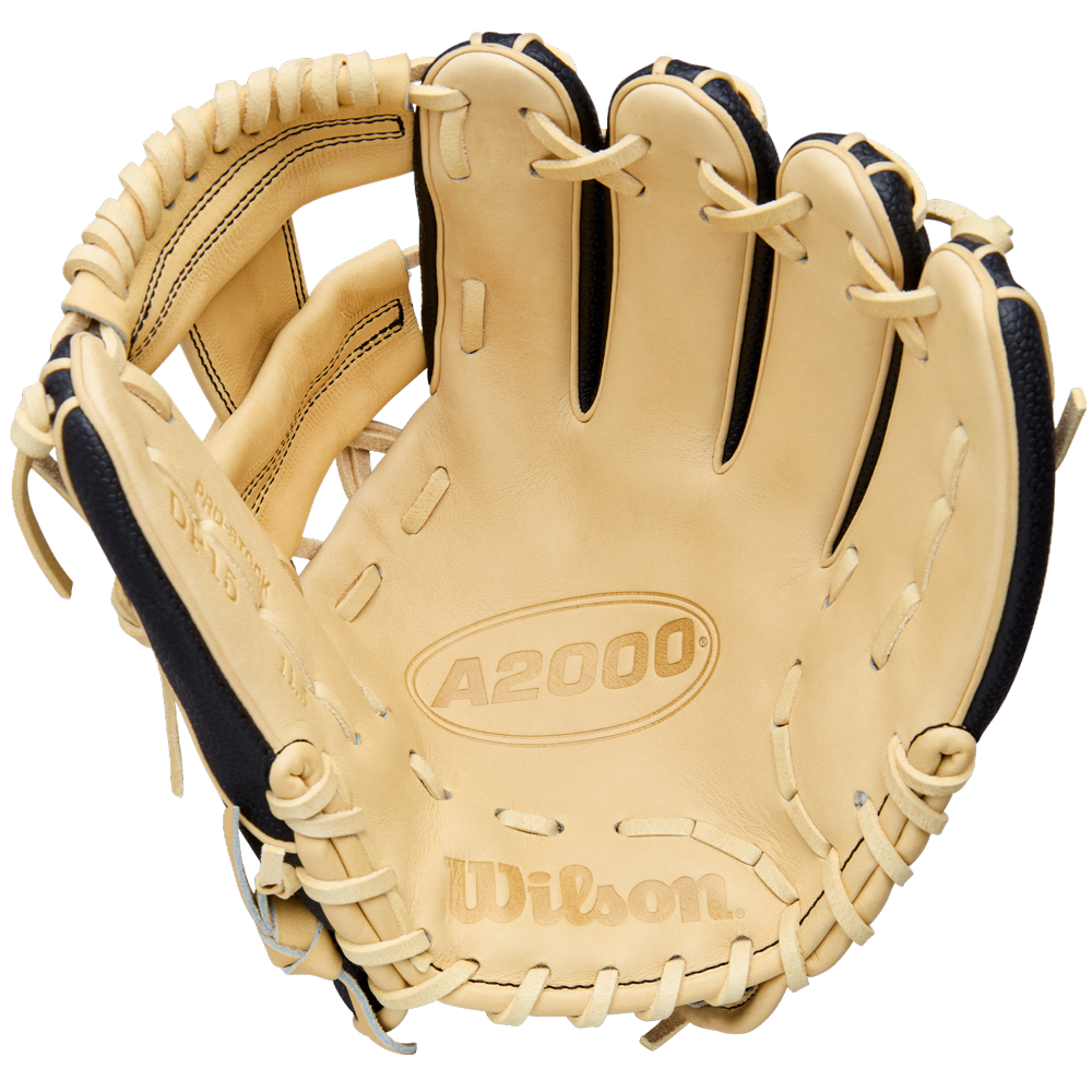 The Wilson A2000 DP15SS 11.5" Baseball Glove (WBW104110115) in tan and black features Pedroia Fit Technology for a snug, comfortable feel and is shown open, palm up, with visible stitching and logos against a white background.