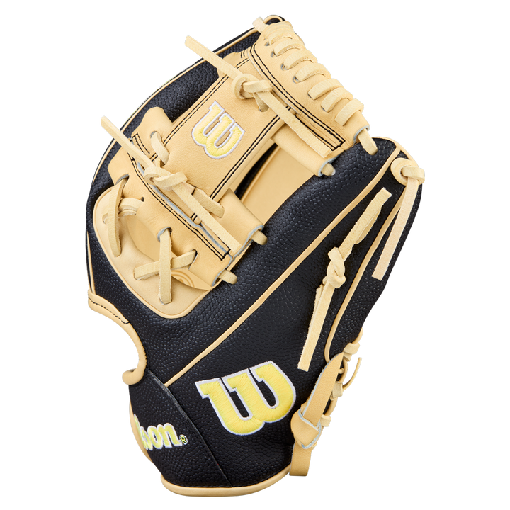 The Wilson A2000 DP15SS 11.5" Baseball Glove (WBW104110115) features a black and tan design with yellow W logos, tan laces, and Pedroia Fit Technology, shown upright against a plain white background.