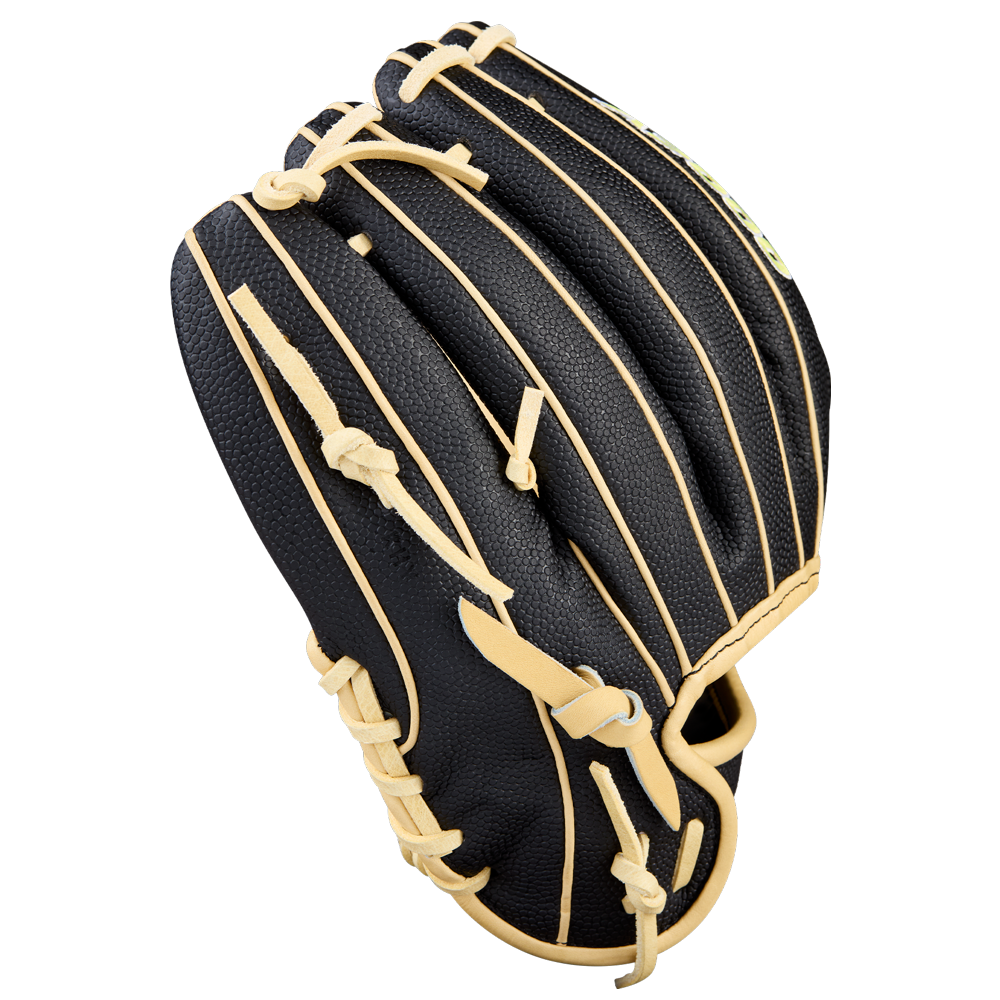 The Wilson A2000 DP15SS 11.5" Baseball Glove (WBW104110115) by Wilson is shown in black with tan lacing and trim, closed with the palm side away on a plain light background.