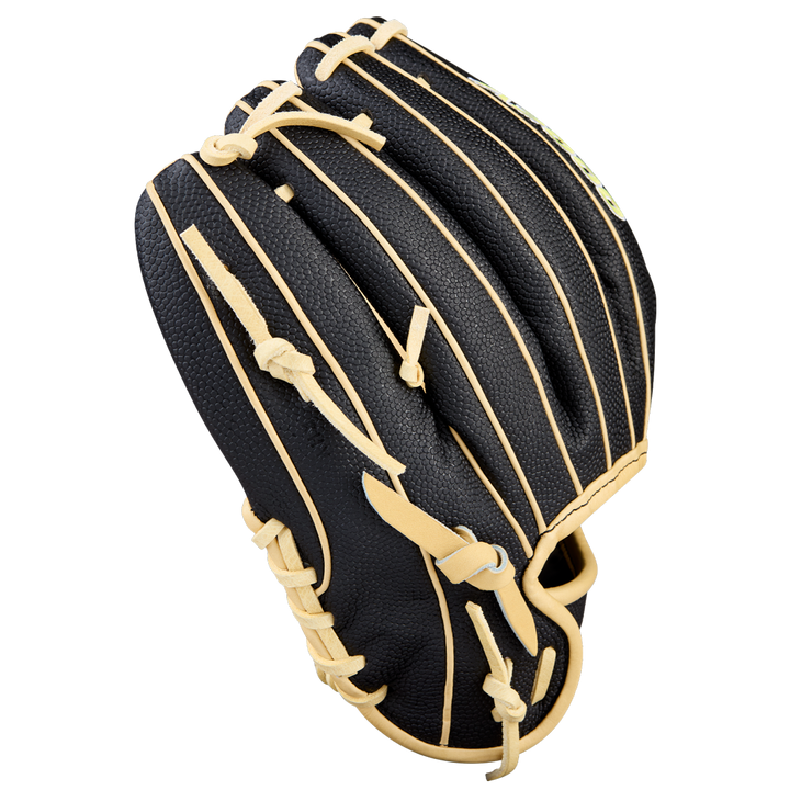 The Wilson A2000 DP15SS 11.5" Baseball Glove (WBW104110115) by Wilson is shown in black with tan lacing and trim, closed with the palm side away on a plain light background.