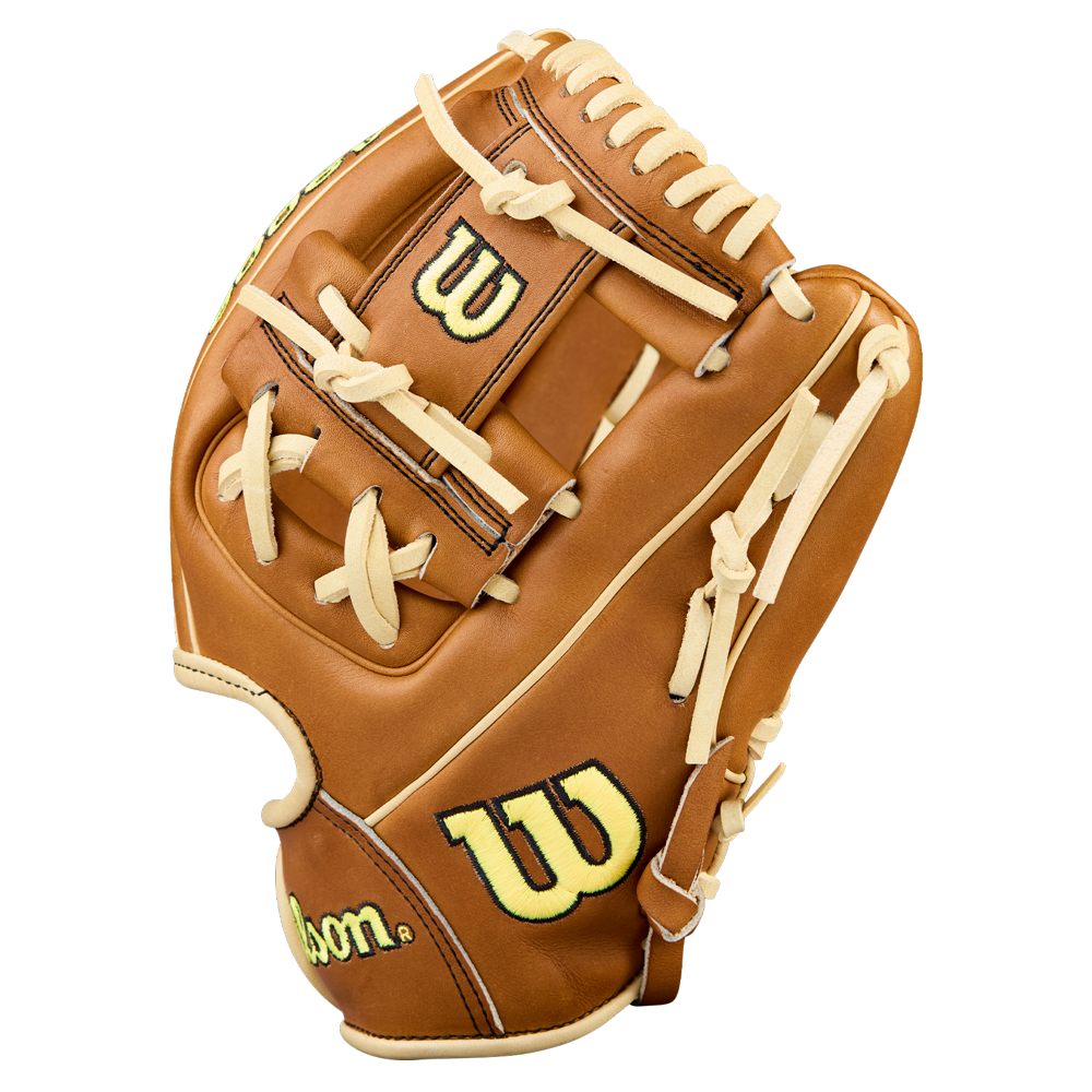 The Wilson A2000 DP15 11.5" Baseball Glove (WBW104111115) features brown Pro Stock Leather, cream laces, and yellow Wilson logos on the thumb and wrist, shown upright against a plain white background.