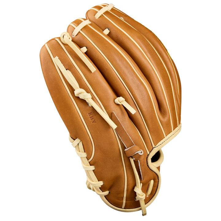 The Wilson A2000 DP15 11.5" Baseball Glove (WBW104111115) by Wilson features tan Pro Stock Leather and cream laces, shown top-side against a white background.