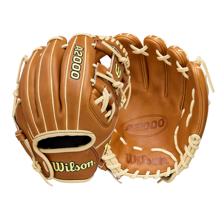 Two Wilson A2000 DP15 11.5" baseball gloves are shown—one with the palm side up, the other showing the back. Both display Wilson branding and premium Pro Stock Leather construction with tan color and cream laces.