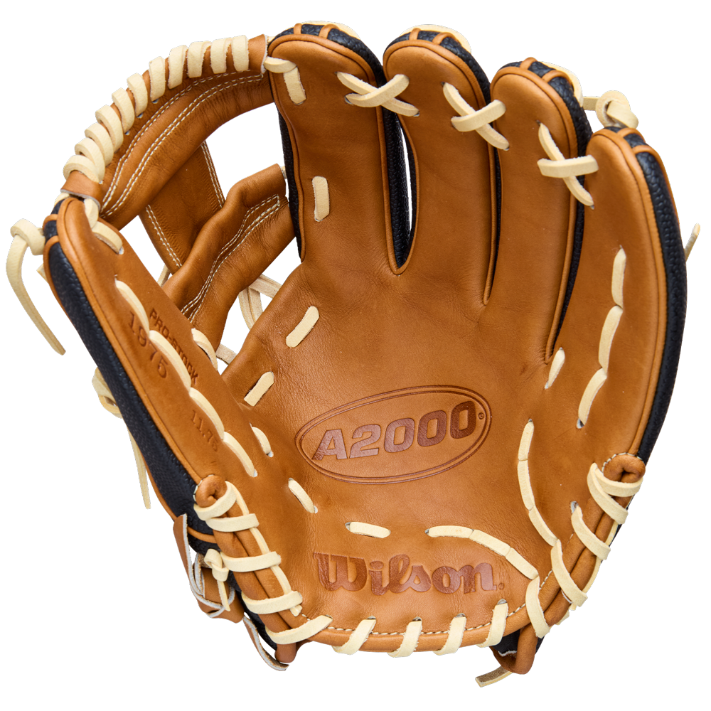 The Wilson A2000 1975SS 11.75" Baseball Glove (WBW1041121175) features a brown and tan leather design with white lacing, open and showing the embossed Wilson brand and model inside the palm, built for premium performance.