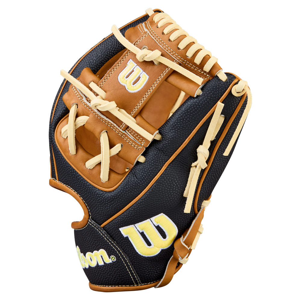 A new Wilson A2000 1975SS 11.75" baseball glove (WBW1041121175) in tan and black leather with tan laces and yellow W logos is shown against a plain white background.