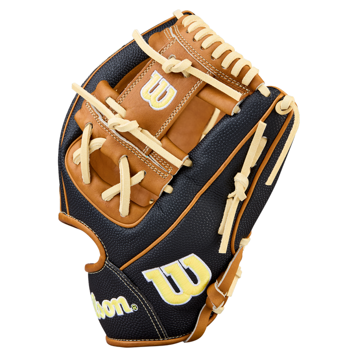 A new Wilson A2000 1975SS 11.75" baseball glove (WBW1041121175) in tan and black leather with tan laces and yellow W logos is shown against a plain white background.