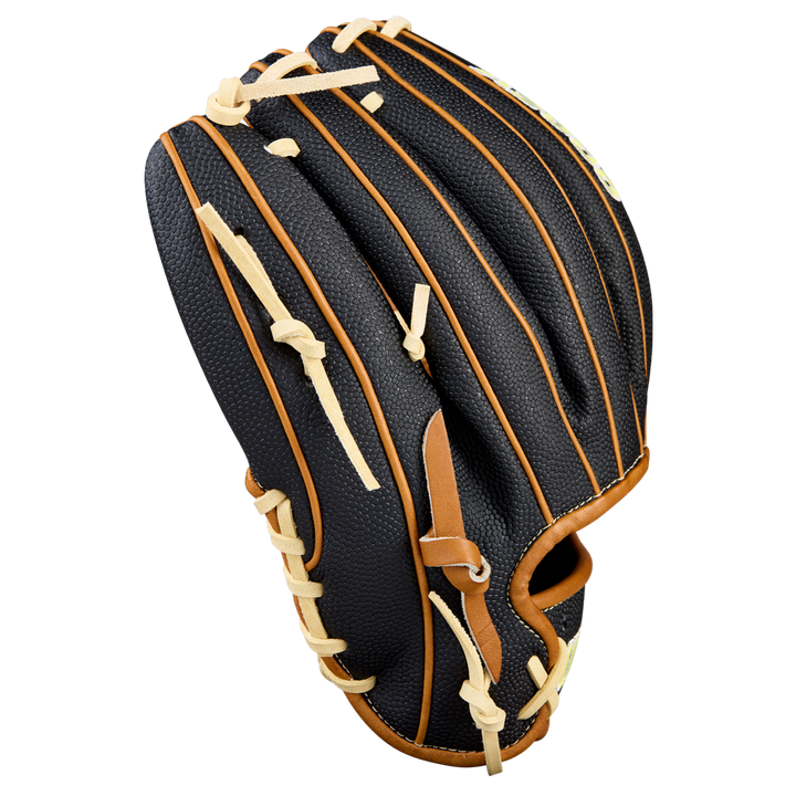 A Wilson A2000 1975SS 11.75" baseball glove (WBW1041121175) in black with tan laces and trim, shown angled to display the outer side against a plain white background.
