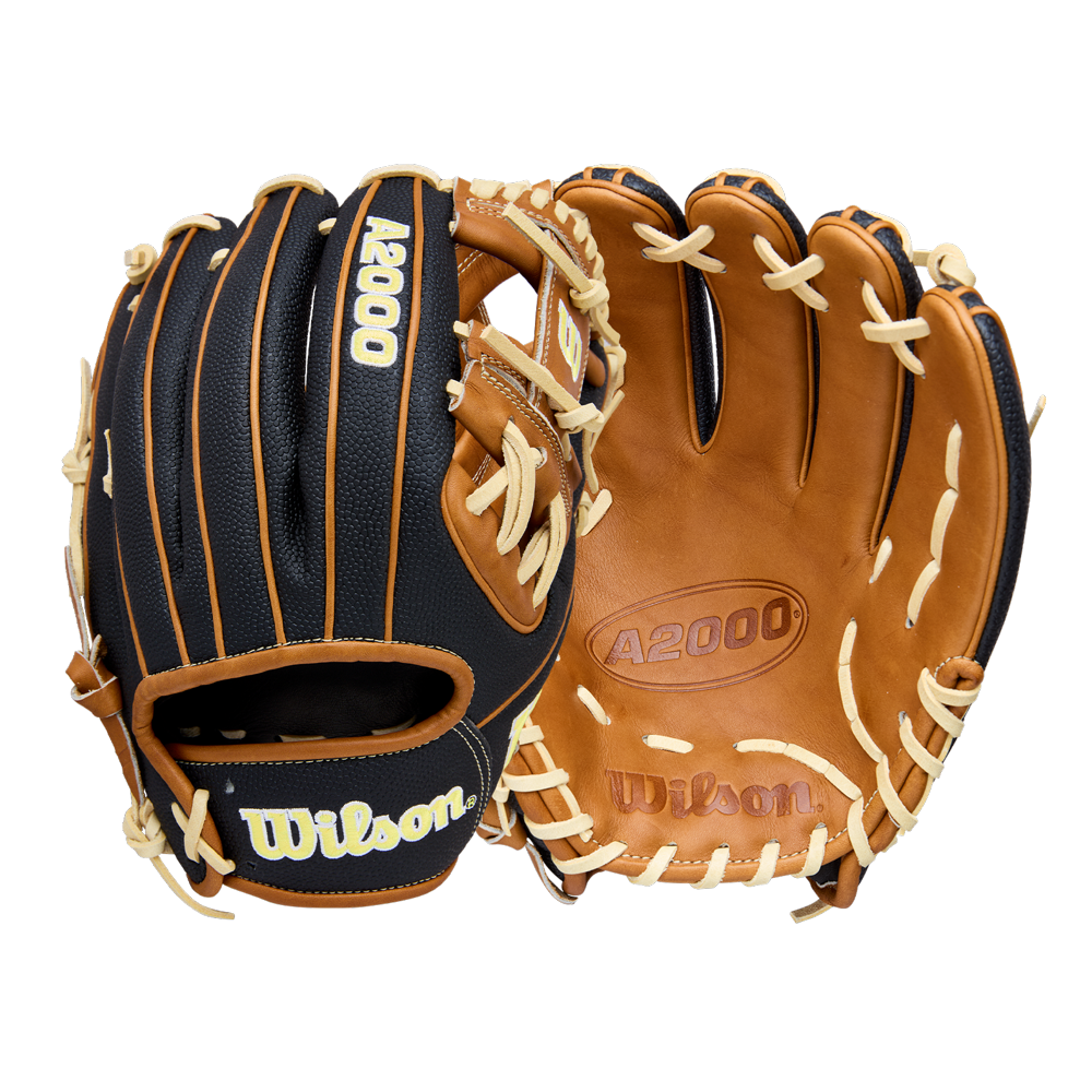 Two Wilson A2000 1975SS 11.75" baseball gloves by Wilson are shown side by side: one highlights the black and tan exterior with cream laces, while the other features the tan leather palm with embossed Wilson branding and cream laces.