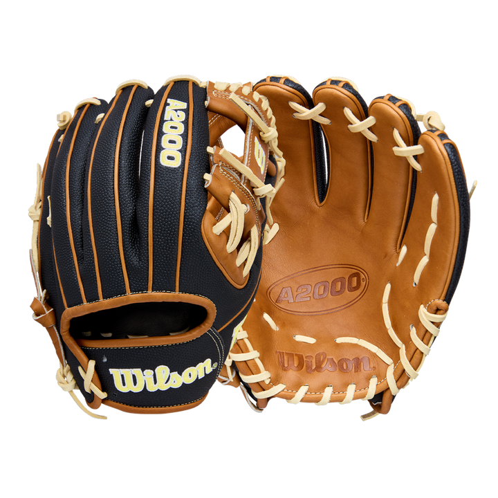 Two Wilson A2000 1975SS 11.75" baseball gloves by Wilson are shown side by side: one highlights the black and tan exterior with cream laces, while the other features the tan leather palm with embossed Wilson branding and cream laces.