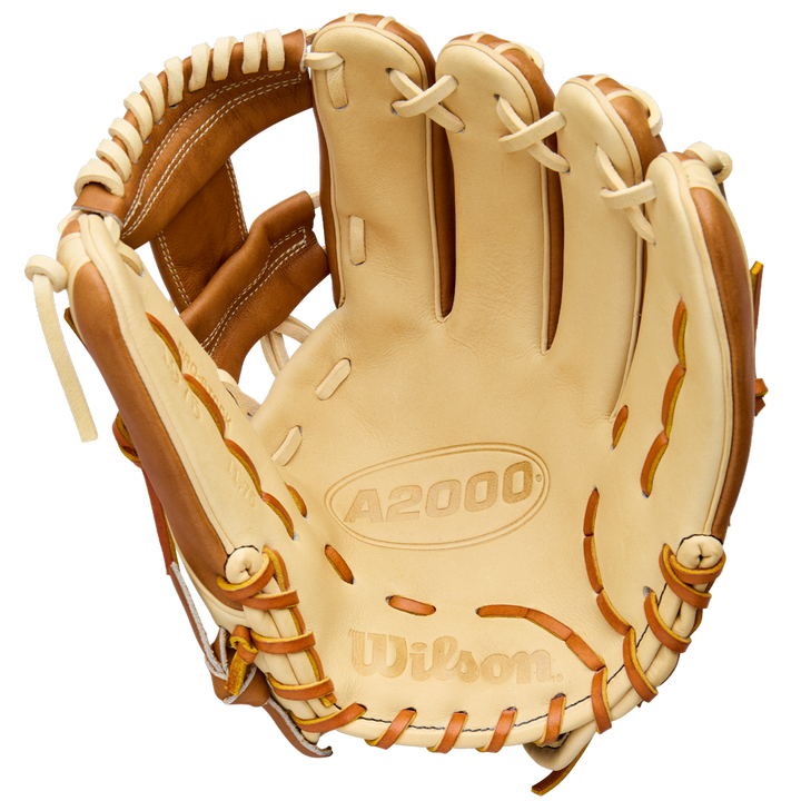 A tan and light brown Wilson A2000 1975 11.75" Baseball Glove (WBW1041131175) is shown open, featuring visible stitching, Pro Stock Leather construction, and embossed Wilson logos on the palm.