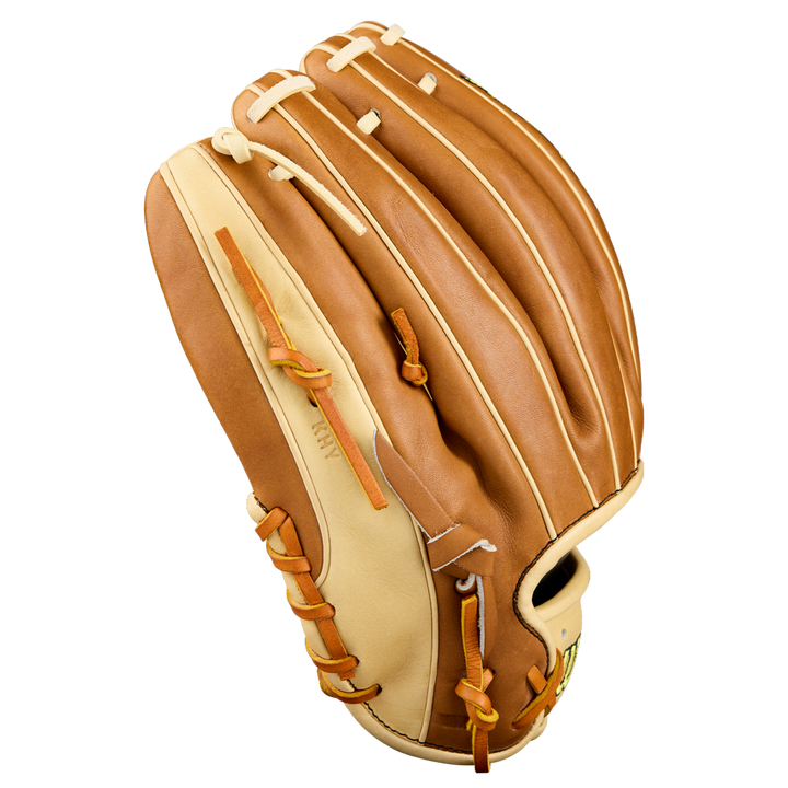 The Wilson A2000 1975 11.75" Baseball Glove (WBW1041131175) features tan and beige Pro Stock Leather with brown and orange laces, shown from the back to highlight the stitching and finger slots against a plain white background.