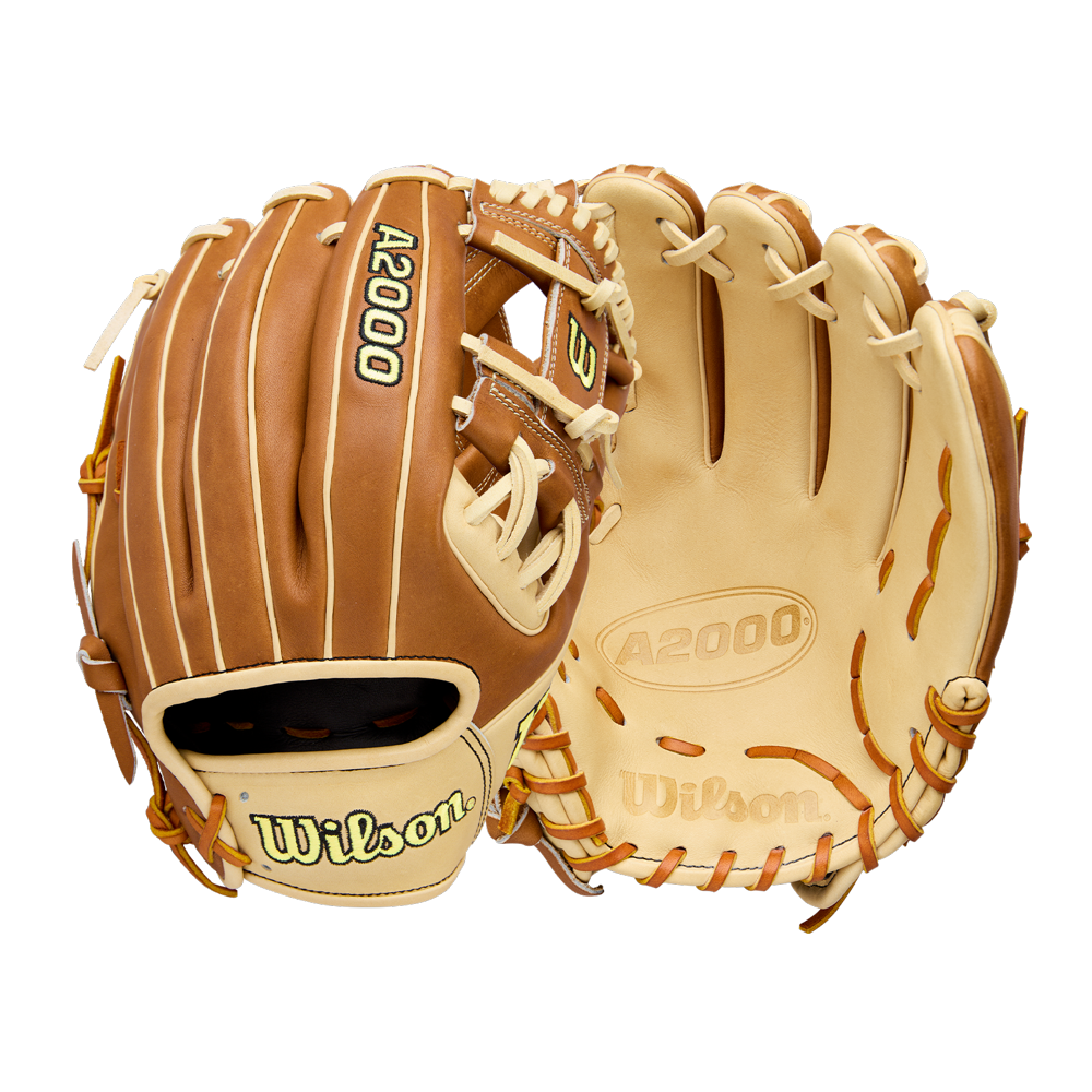 Two tan and brown Wilson A2000 1975 11.75" baseball gloves are shown side by side—one displays the laced back with Wilson branding, while the other reveals the palm with embossed A2000 and Wilson logos, crafted from Pro Stock Leather.