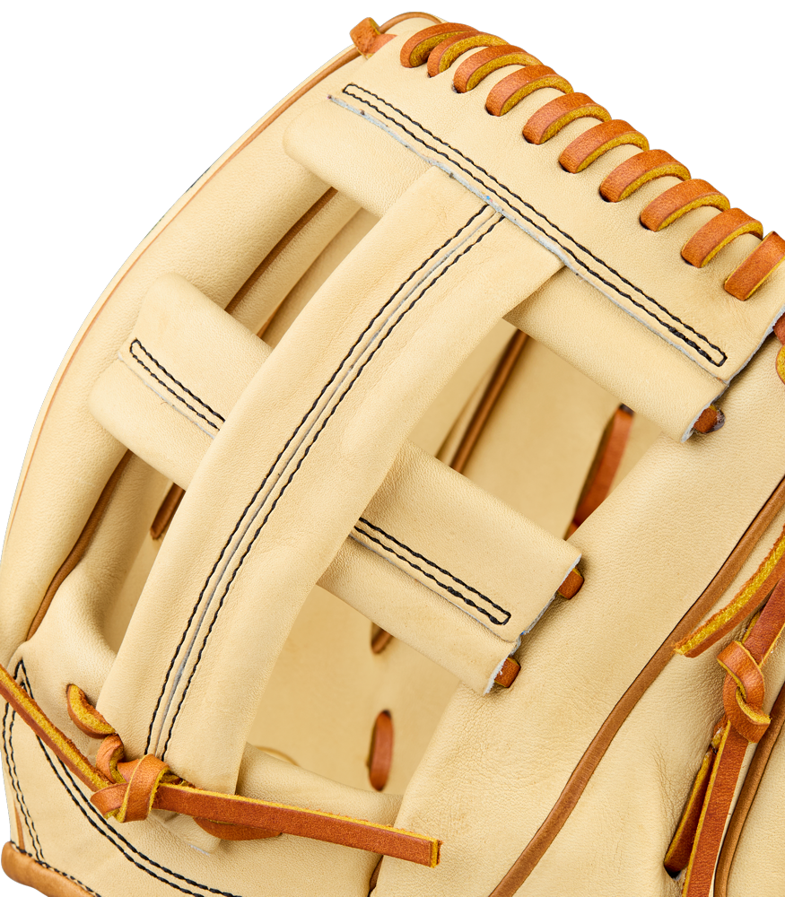 Close-up of the Wilson A2000 EL3 11.75" Baseball Glove (WBW1041141175) crafted with Pro Stock Leather, featuring brown laces, black stitching, and showcasing its webbing and detailed craftsmanship.