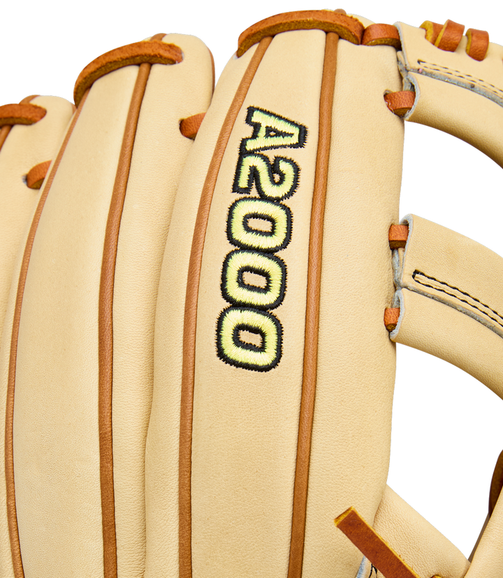 Close-up of the Wilson A2000 EL3 11.75" Baseball Glove (WBW1041141175), a tan Pro Stock Leather infield glove with "A2000" stitched in black and yellow, brown laces, perfect for third base.