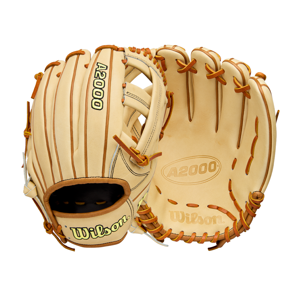 Two tan Wilson A2000 EL3 11.75" Baseball Gloves (WBW1041141175) are shown—one palm-up with Wilson branding, the other showing the back. Both are crafted with Pro Stock Leather and ideal for third base.