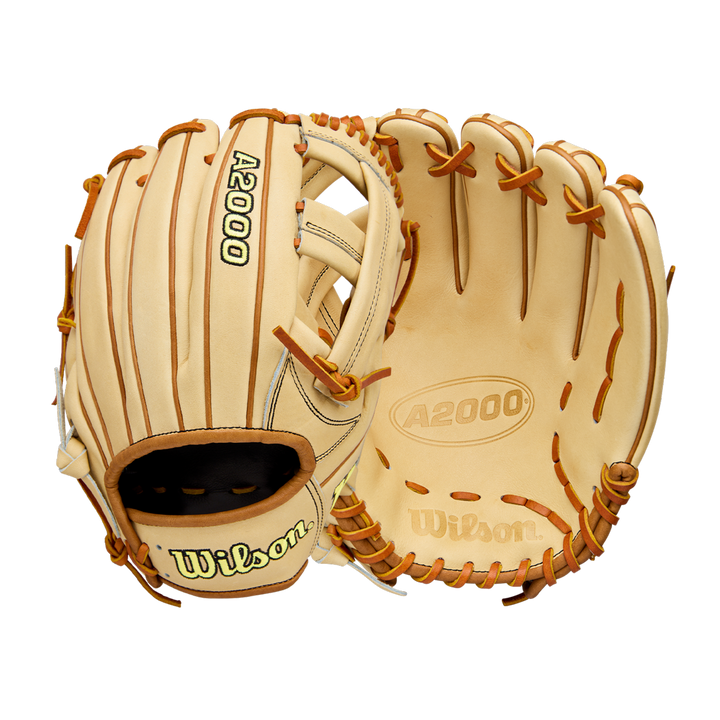 Two tan Wilson A2000 EL3 11.75" Baseball Gloves (WBW1041141175) are shown—one palm-up with Wilson branding, the other showing the back. Both are crafted with Pro Stock Leather and ideal for third base.