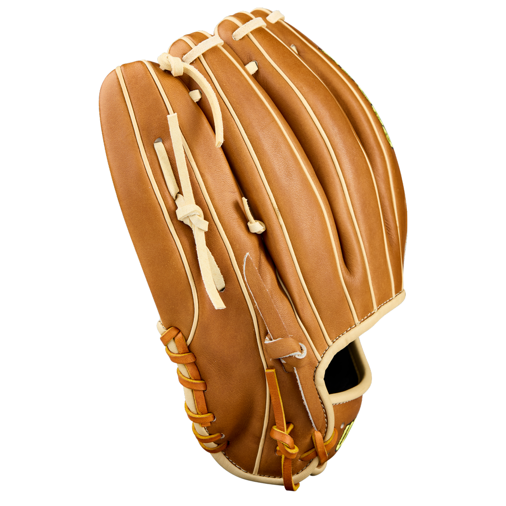A Wilson A2000 EL3 11.75" baseball glove (WBW1041151175), tan with cream laces and crafted from Pro Stock Leather, is displayed closed against a white background.