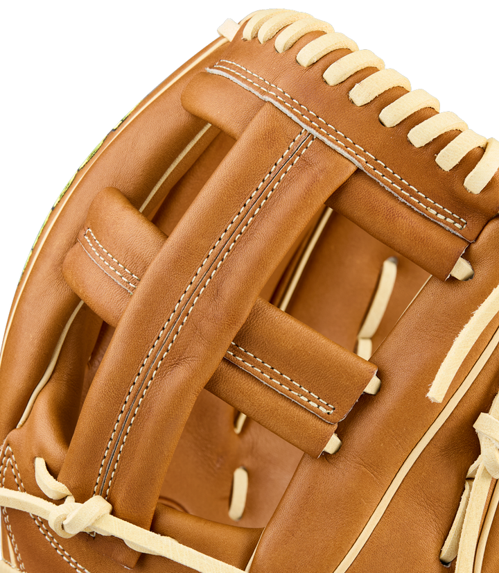 Close-up of the Wilson A2000 EL3 11.75" Baseball Glove (WBW1041151175) by Wilson, crafted from Pro Stock Leather with cream laces and visible stitching, showcasing its detailed webbing and padding.