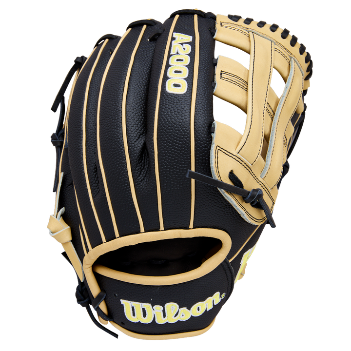 A Wilson A2000 DW5 12" infield baseball glove in black and tan Pro Stock Leather, with visible stitching and yellow Wilson and A2000 logos, displayed on a plain white background.