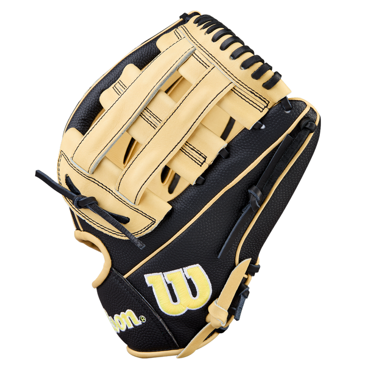 A Wilson A2000 DW5 12" black and tan infield baseball glove with tan laces, crafted from Pro Stock Leather and displaying a bold yellow W logo on the thumb, is shown against a plain white background.