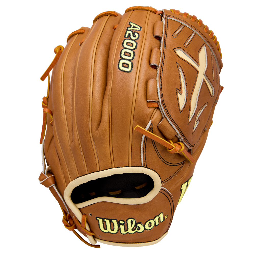 The Wilson A2000 B23 12" Baseball Glove, crafted from Pro Stock Leather, features brown leather with yellow stitching and laces, plus the Wilson logo and brand name on the outside, displayed against a white background.