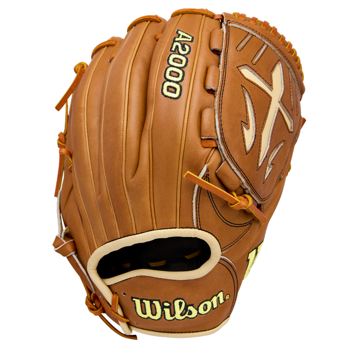 The Wilson A2000 B23 12" Baseball Glove, crafted from Pro Stock Leather, features brown leather with yellow stitching and laces, plus the Wilson logo and brand name on the outside, displayed against a white background.