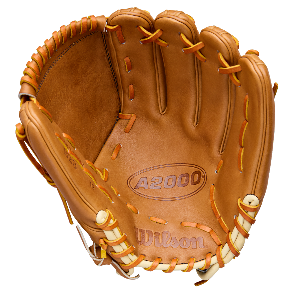 The Wilson A2000 B23 12" Baseball Glove (WBW10411712) features tan Pro Stock Leather with yellow lacing, shown open to reveal the palm, finger stalls, and embossed Wilson and A2000 logos.