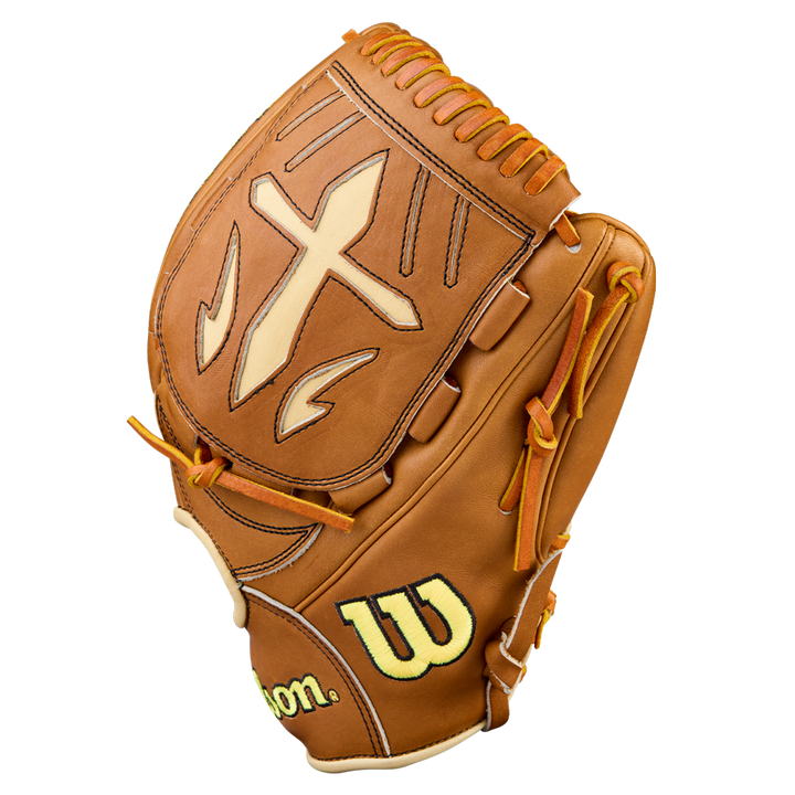 The Wilson A2000 B23 12" Baseball Glove (WBW10411712) features brown Pro Stock Leather, yellow stitching, and a unique cross-shaped back design.