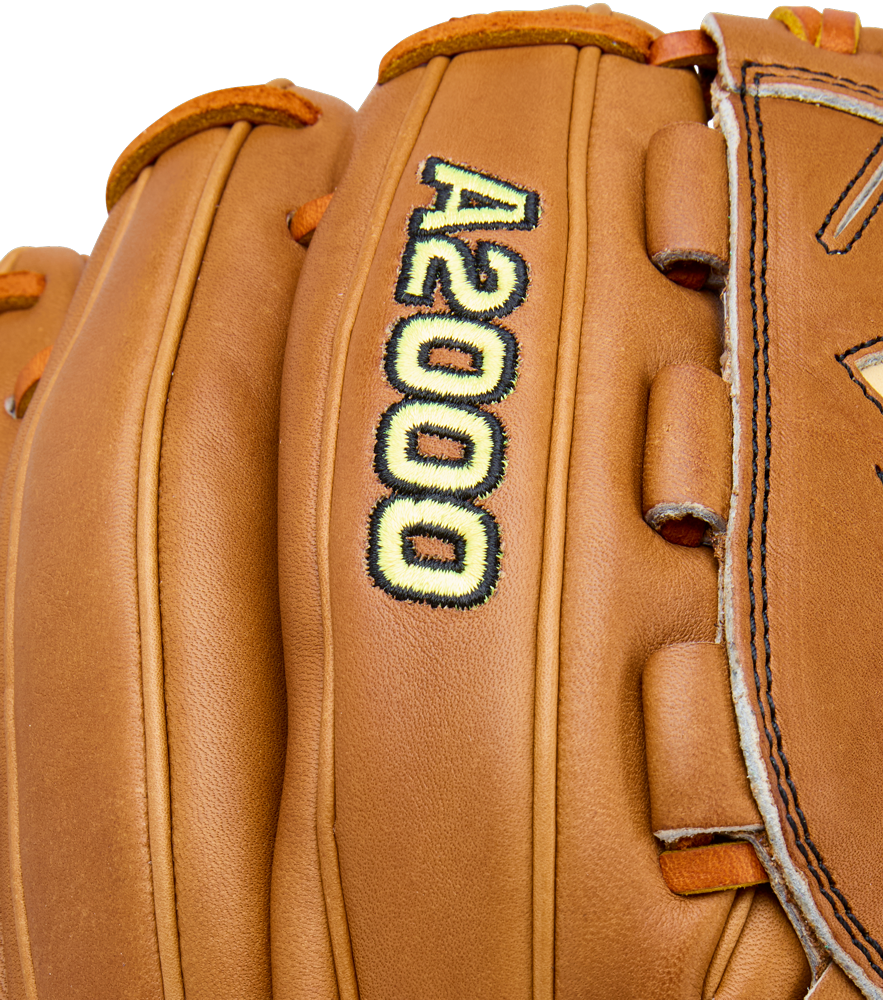 Close-up of the Wilson A2000 B23 12" Baseball Glove (WBW10411712), crafted from Pro Stock Leather, with black and yellow embroidery and A2000 text.