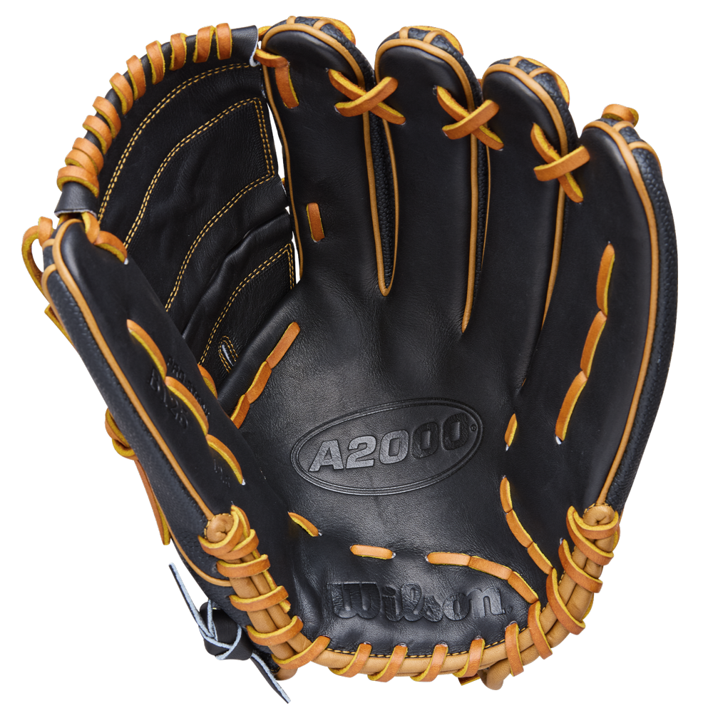 The Wilson A2000 B125SS 12.5" Baseball Glove (WBW104119125) by Wilson features black leather, tan laces, and an open palm and webbing—ideal for pitchers seeking quality and exceptional performance.