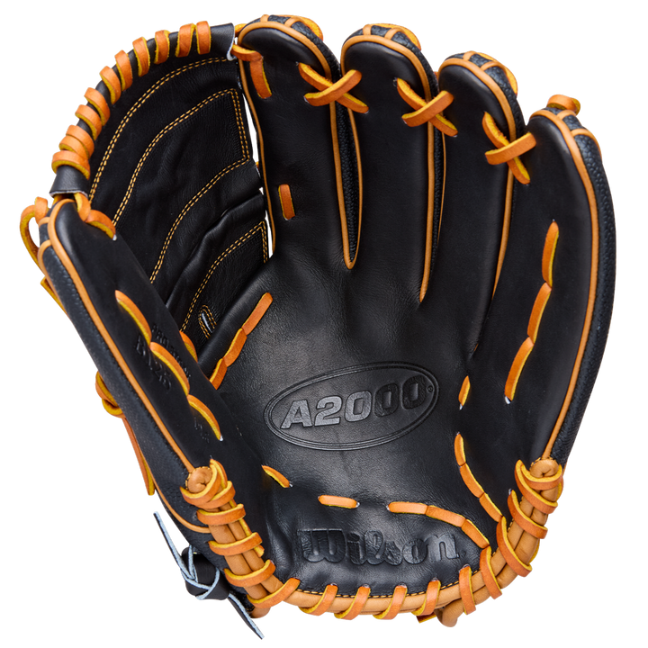 The Wilson A2000 B125SS 12.5" Baseball Glove (WBW104119125) by Wilson features black leather, tan laces, and an open palm and webbing—ideal for pitchers seeking quality and exceptional performance.